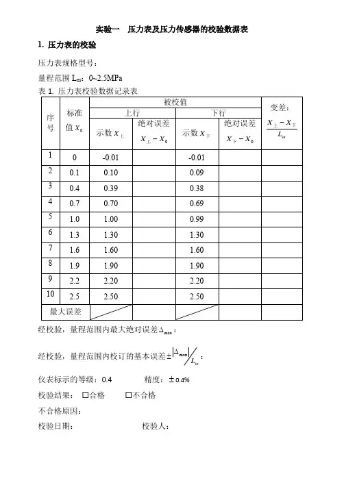 实验一压力表及压力传感器的校验数据表