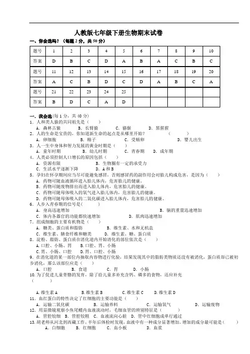 2018-2019人教版七年级下册生物期末测试题及答案