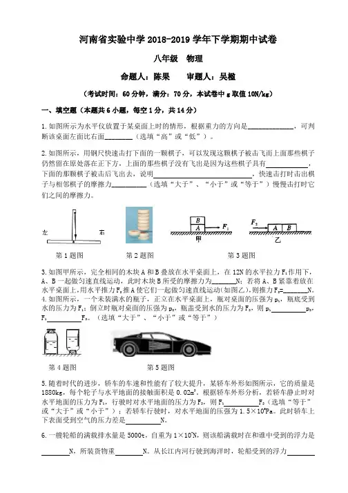 河南省实验中学2018-2019学年八年级物理下学期期中试卷(Word版无答案)