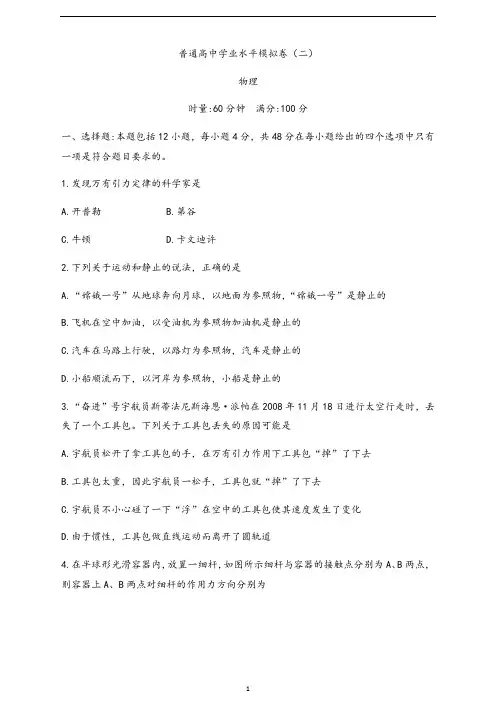 2020年湖南普通高中学业水平模拟卷(二) 物理