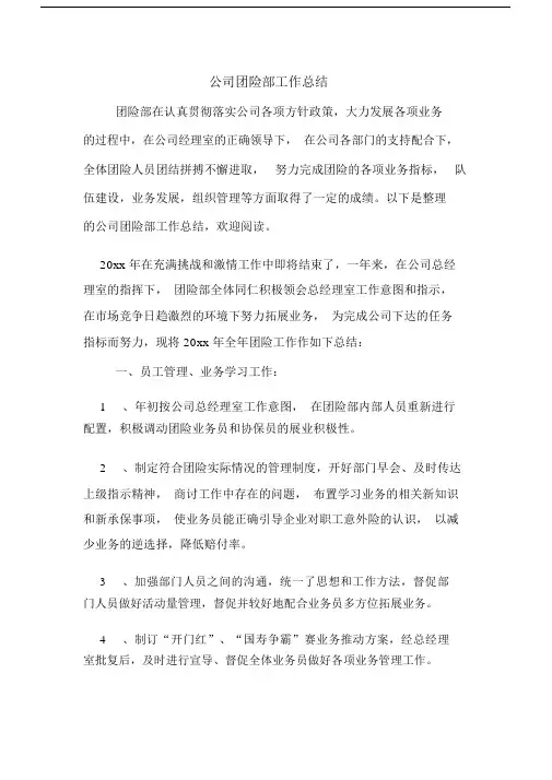 2019年公司团险部工作总结.doc