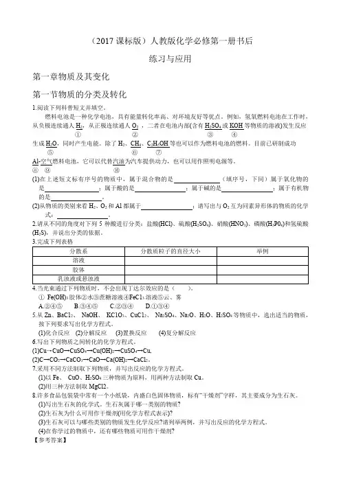 (2017课标版)人教版化学必修第一册书后练习与应用及答案第一章物质及其变化