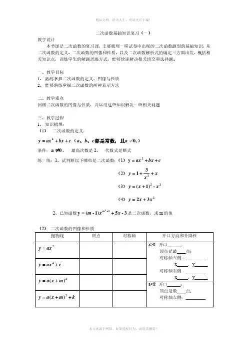 沪教版(上海)初中数学九年级第一学期 本章小结 二次函数基础知识复习 教案