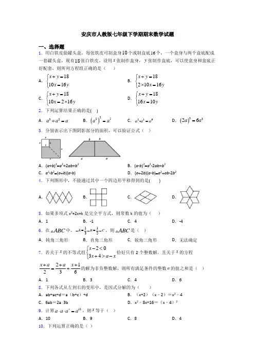 安庆市人教版七年级下学期期末数学试题