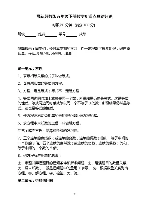 最新苏教版五年级下册数学知识点总结归纳