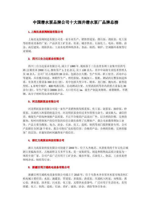 中国潜水泵品牌公司十大深井潜水泵厂品牌总榜