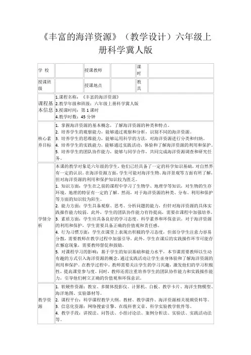《丰富的海洋资源》(教学设计)六年级上册科学冀人版