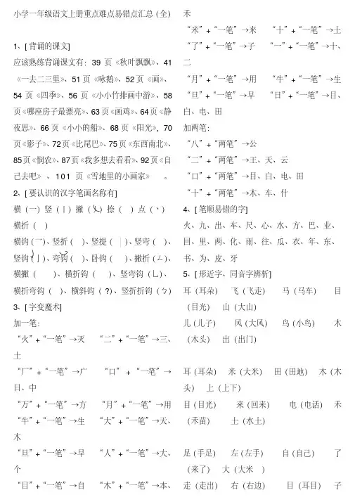 【免费】小学一年级语文上册重点难点易错点汇总(全)