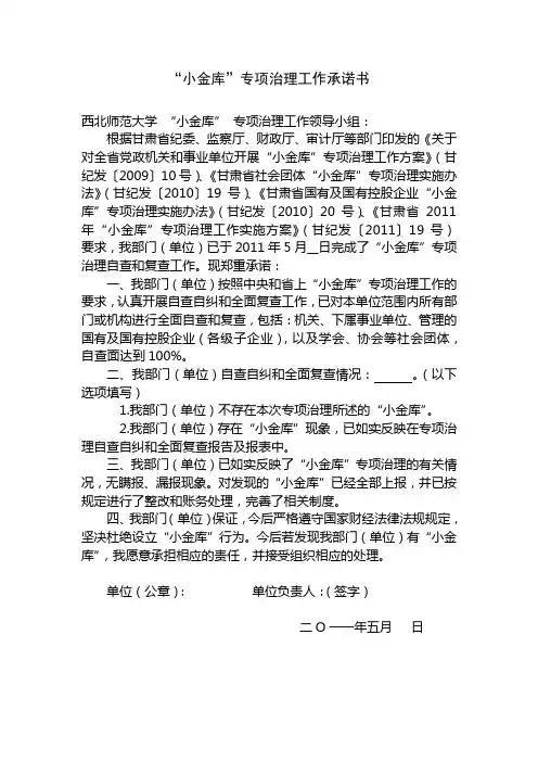 “小金库”专项治理工作承诺书