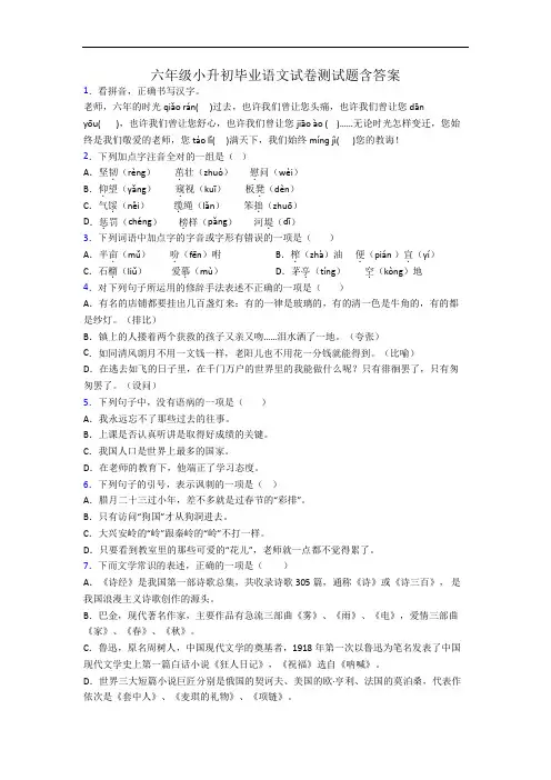 六年级小升初毕业语文试卷测试题含答案