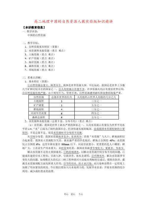 高二地理中国的自然资源人教实验版知识精讲