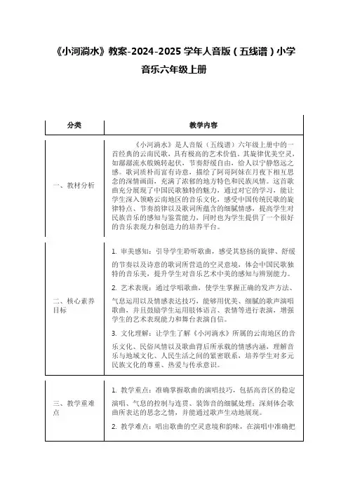 《小河淌水》教案-2024-2025学年人音版(五线谱)小学音乐六年级上册