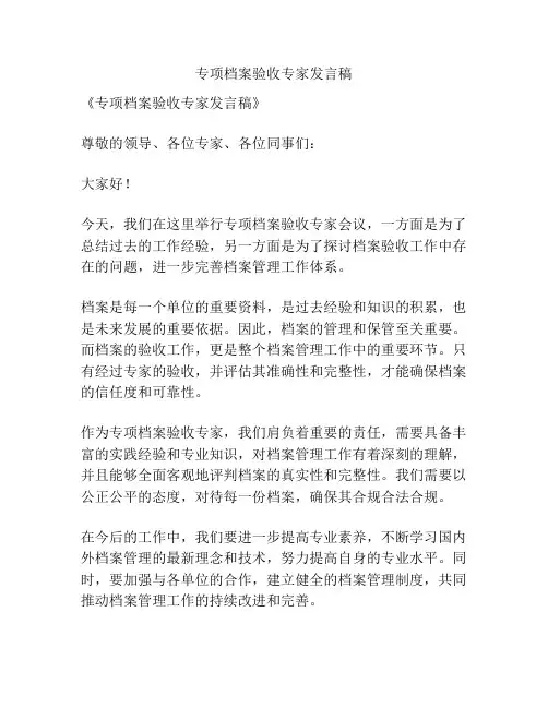 专项档案验收专家发言稿