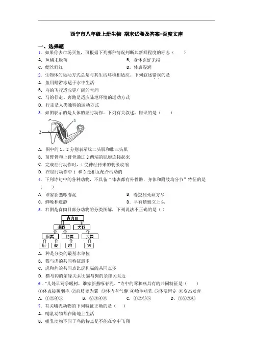 西宁市八年级上册生物 期末试卷及答案-百度文库