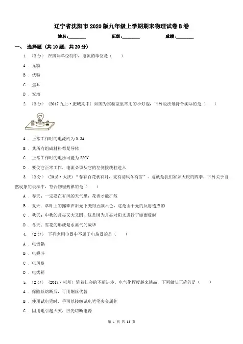 辽宁省沈阳市2020版九年级上学期期末物理试卷B卷