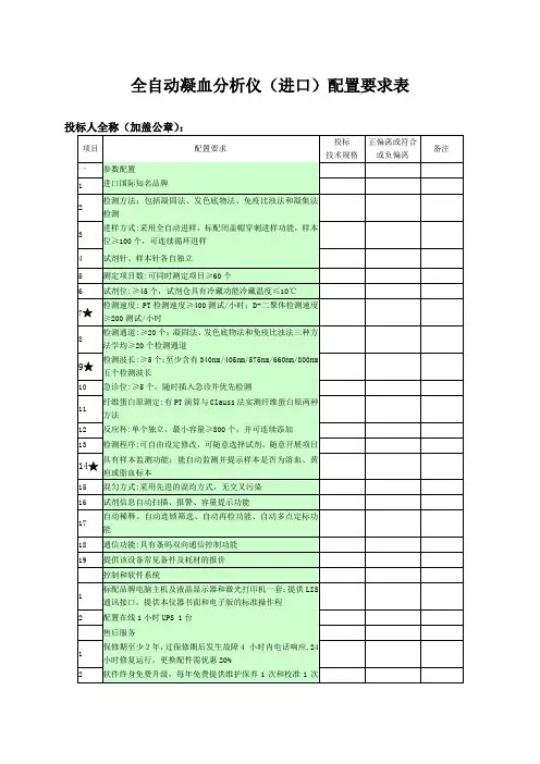 全自动凝血分析仪进口配置要求表