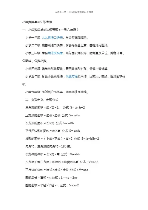 人教版小学一到六年级数学知识点归纳