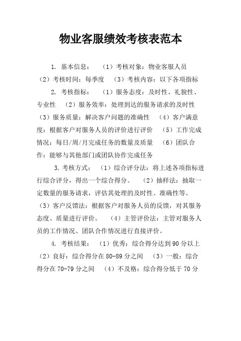 物业客服绩效考核表范本