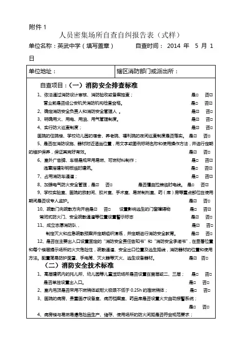 附1：人员密集场所自查自纠报告表(式样)