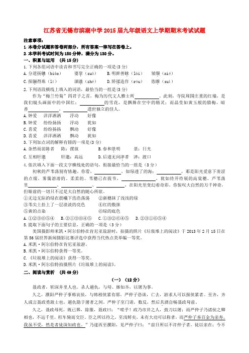 江苏省无锡市滨湖中学2015届九年级上学期期末考试语文试题