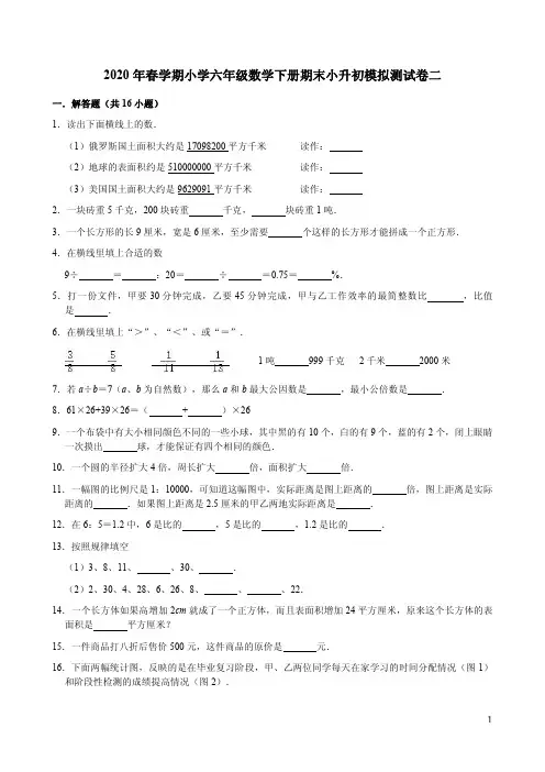 人教版2020年春学期小学六年级数学下册期末小升初模拟测试卷二附答案解析