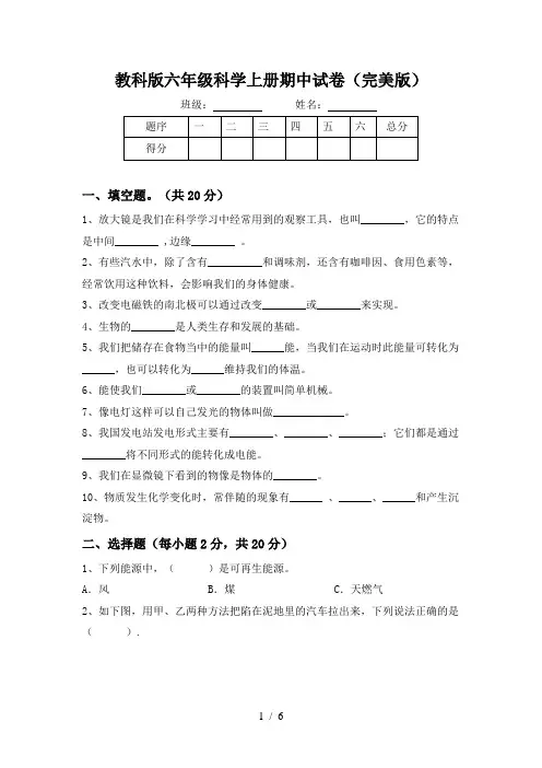 教科版六年级科学上册期中试卷(完美版)