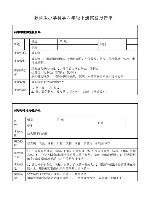 教科版小学科学六年级下册实验报告单