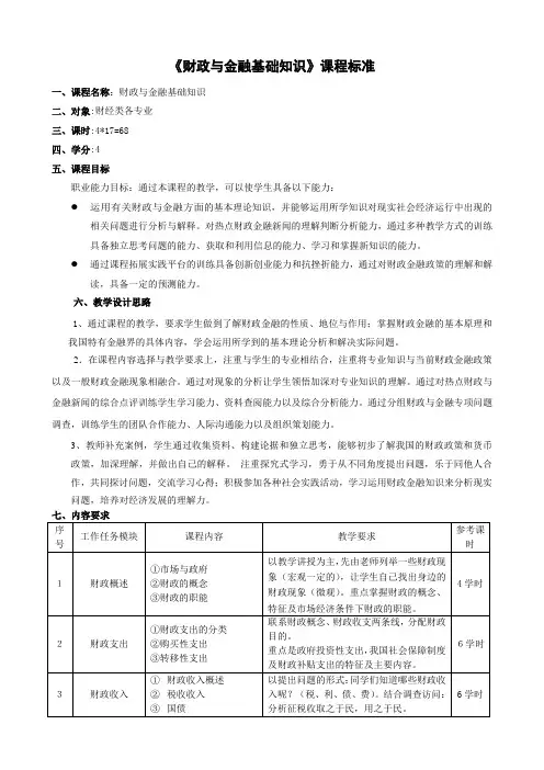 《财政与金融基础知识》课程标准