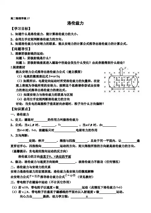 高二物理学案  洛伦兹力