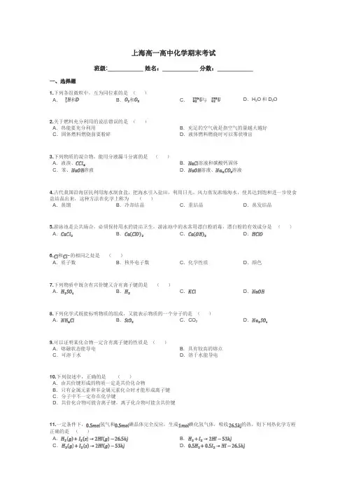 上海高一高中化学期末考试带答案解析
