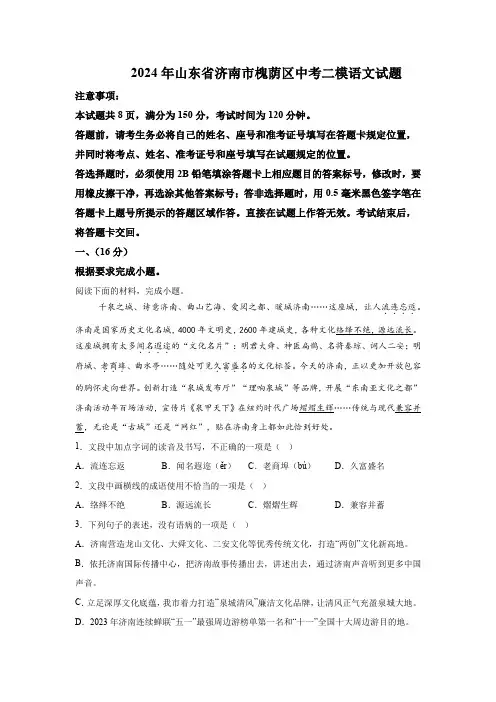 2024年山东省济南市槐荫区中考二模语文试题(含解析)