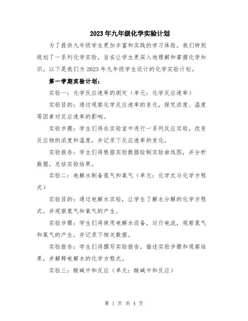 2023年九年级化学实验计划