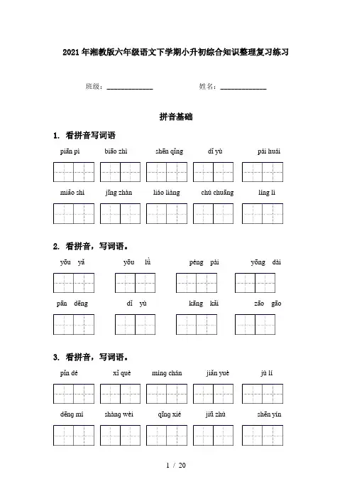 2021年湘教版六年级语文下学期小升初综合知识整理复习练习