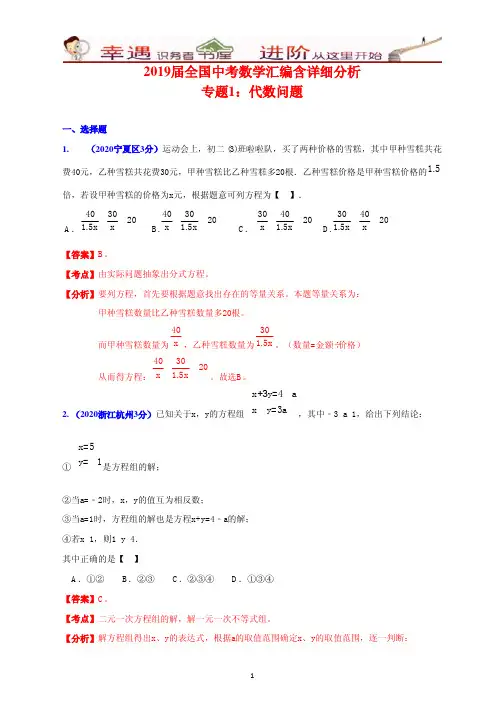 2019届全国中考数学汇编含详细分析1：代数问题