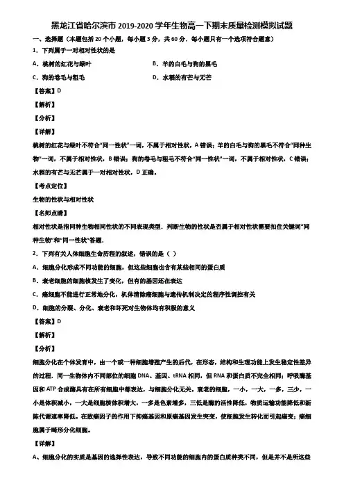 黑龙江省哈尔滨市2019-2020学年生物高一下期末质量检测模拟试题含解析