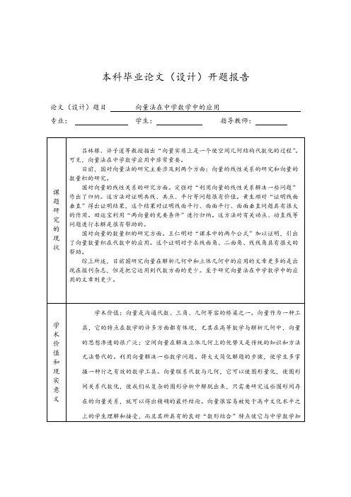 向量法在中学数学中的应用开题报告材料