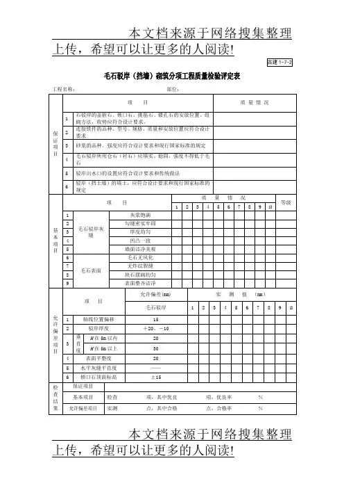 毛石驳岸(挡墙)砌筑分项工程质量检验评定表