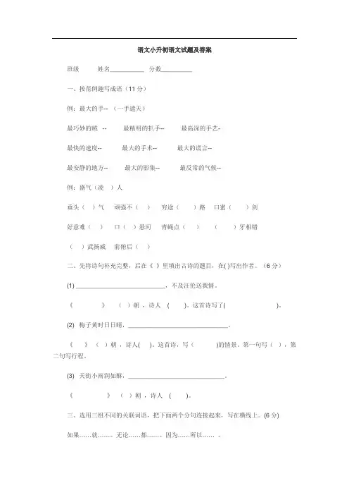 语文小升初语文试题及答案