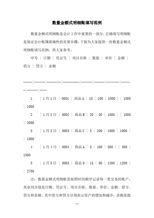 数量金额式明细账填写范例