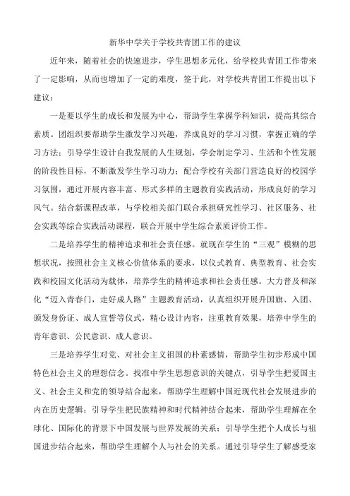 新华中学关于学校共青团工作的建议