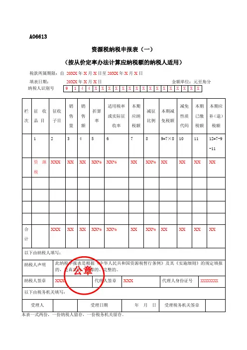 A06613《资源税纳税申报表(一)》(填写样例)