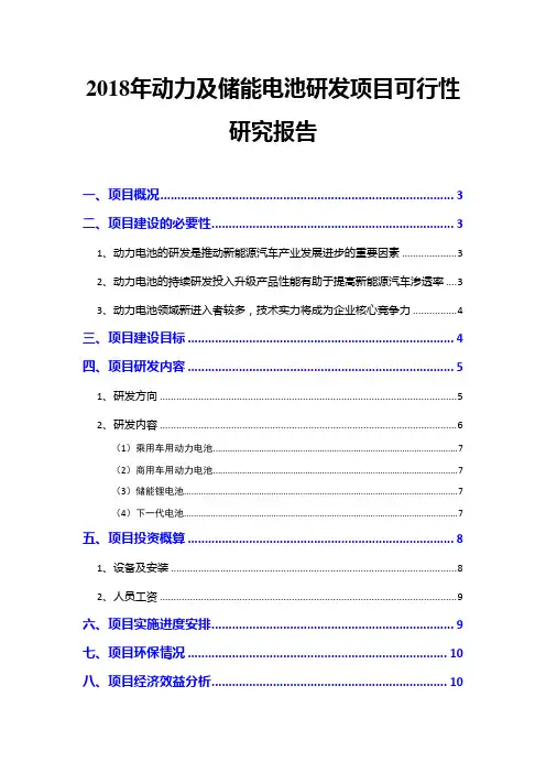 2018年动力及储能电池研发项目可行性研究报告