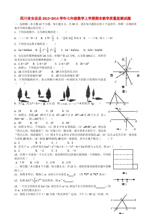 四川省安岳县七年级数学上学期期末教学质量监测试题 华东师大版