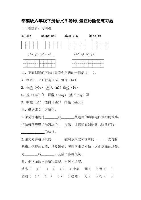 部编版六年级下册语文7汤姆.历险记练习题含答案