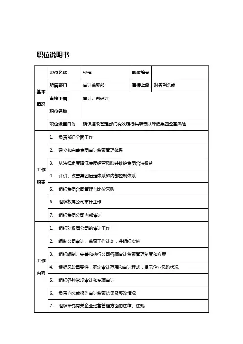 【岗位说明书】审计监察部经理职位说明书