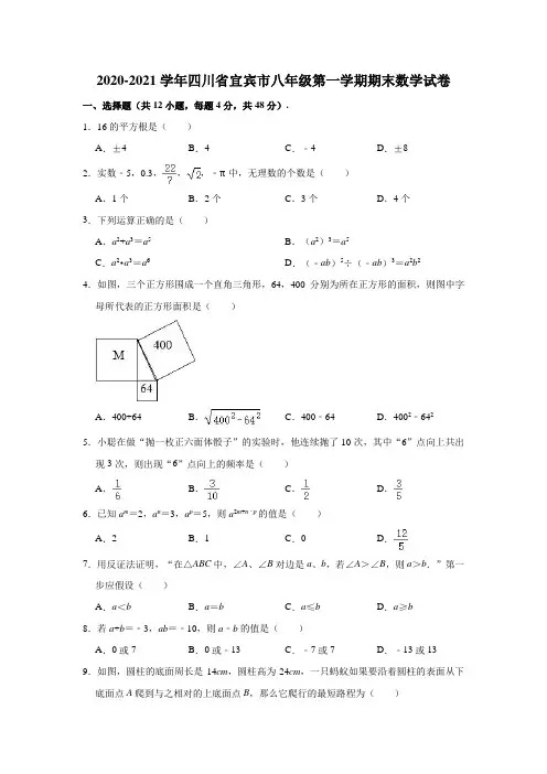 2020-2021学年四川省宜宾市八年级(上)期末数学试卷(解析版)