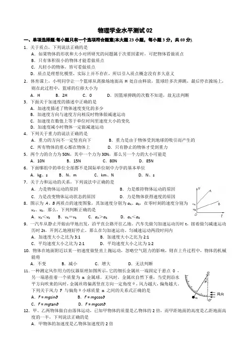 2021年新人教版江苏省小高考物理模拟试题及答案2
