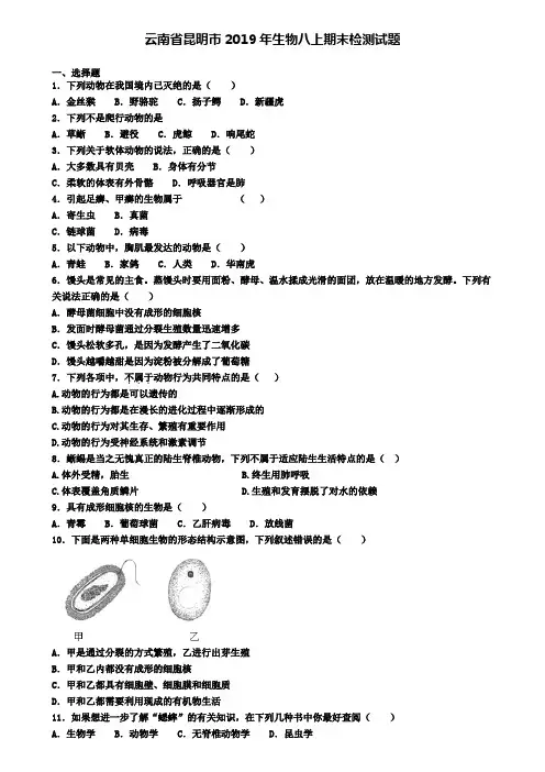 云南省昆明市2019年生物八上期末检测试题