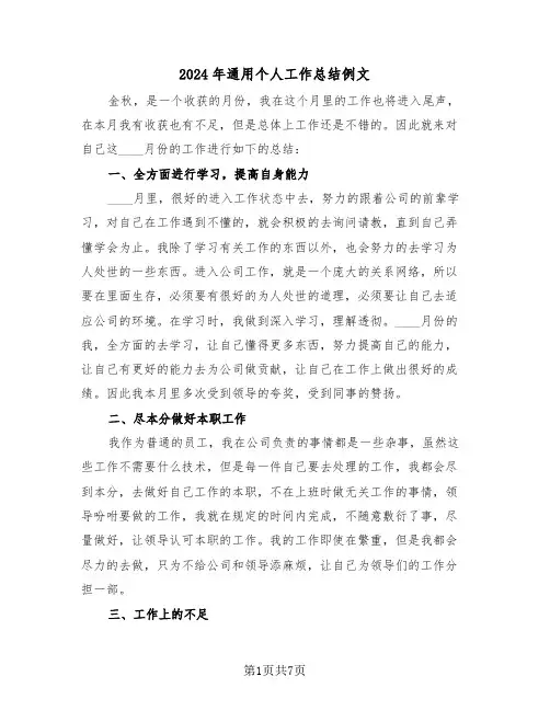 2024年通用个人工作总结例文(3篇)