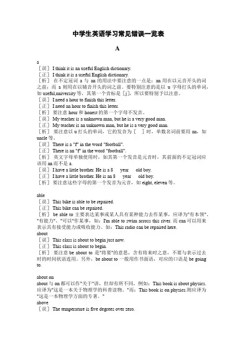 【精品】中考英语复习：中学生英语学习常见错误一览表